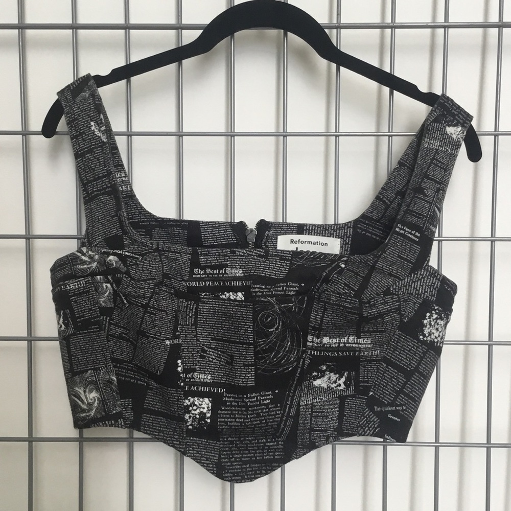 Reformation Denim Newspaper Print Bustier Corset